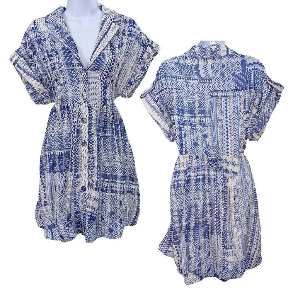 THE SANG Blue Georgette Embroidered Ikat Smocked Shirtdress w/ Weighted Hem Sz S